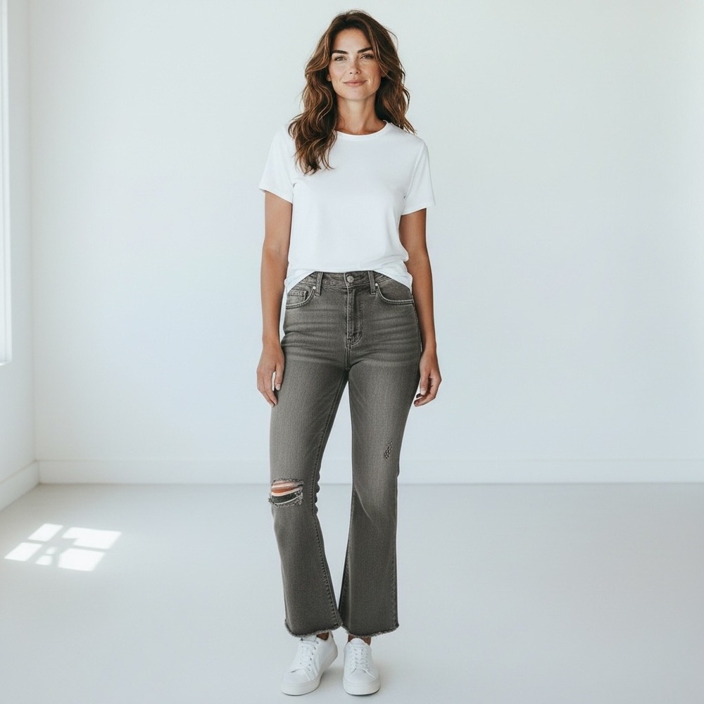 MOTHER Weekender Fray Jeans Last Chance Saloon Grey Distressed Bootcut Women 30